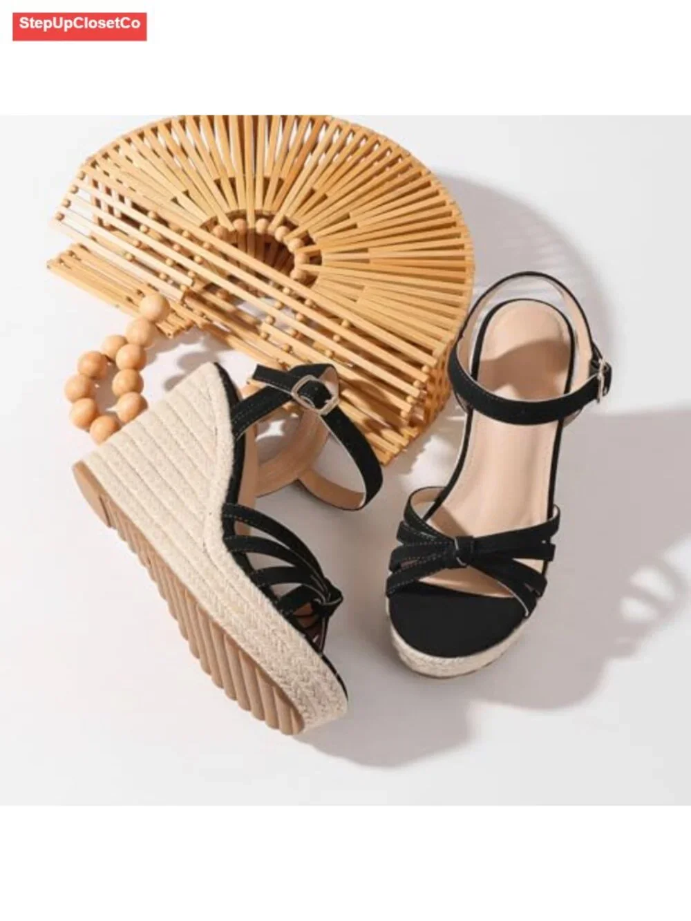 Woven Linen Straw Wedge Sandals with Platform, Adjustable Ankle Buckle,